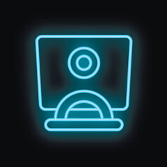 Wall Mural - Blue neon computer icon glowing against a black background, representing online presence