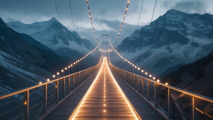 Wall Mural - majestic mountain landscape with illuminated bridge at dusk