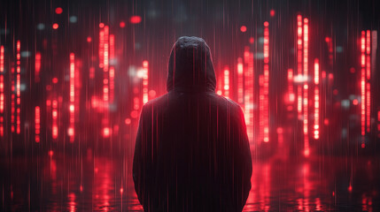 A dark web concept illustration with a hacker silhouette. Bright lighting, contrast