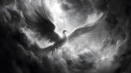 a black and white painting of an ethereal phoenix soaring through the clouds