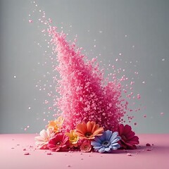 Wall Mural - Pink glitter bursts forth from a burst of colorful flowers against a neutral gray background, abstract, pink