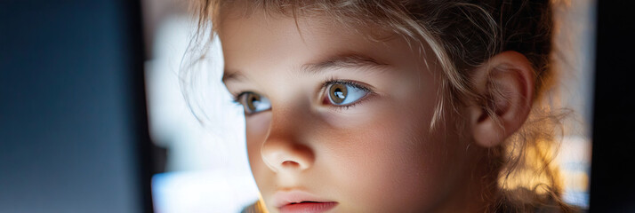 Wall Mural - Close-up of Child's Face and Hair near Dark Surface