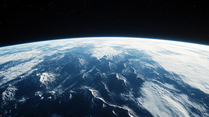 Wall Mural - A stunning view of Earth from space shows a black sky with a blue horizon and distant mountains along the edge.