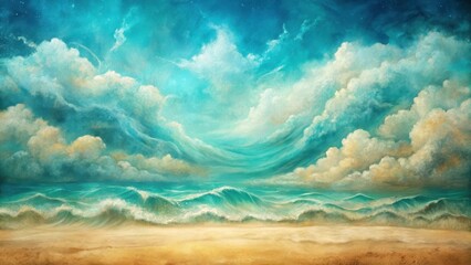 Sticker - Serene Coastal Scene Dreamlike Ocean Waves Crashing Gently on a Sandy Shore Underneath a Vast, Whimsical Sky Filled with Fluffy Clouds and a Hint of Starry Night