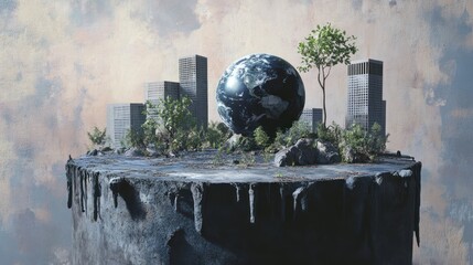 Wall Mural - Miniature world with city, trees, and globe on a floating island.