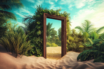 Wall Mural - A doorway in the middle of a desert, opening into a lush, green paradise.