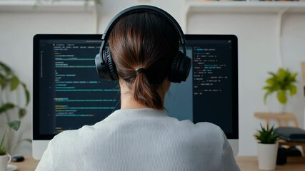 A woman wearing headphones is sitting in front of a computer monitor. She is focused on her work, possibly typing or coding. The room is decorated with potted plants
