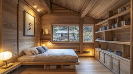 Wall Mural - Modern minimalist wooden bedroom with built-in shelves and window view.