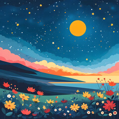 Wall Mural - Night Sky with Moon and Flowers