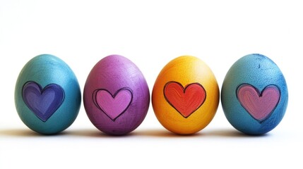 Colorful easter eggs with heart designs on white background. Natural colorants, natural dyes, color additives