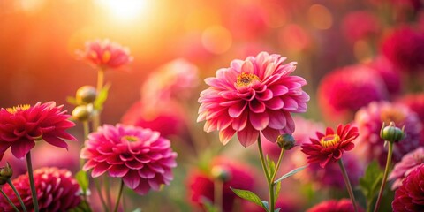 Wall Mural - Vibrant Pink Dahlias Basking in Golden Sunlight, a Stunning Floral Display of Nature's Beauty