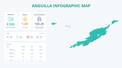  Business Growth Infographic Map of Anguilla. Orders, Customers, Sales Overview & product Infographic Map of Anguilla. Easy to edit
