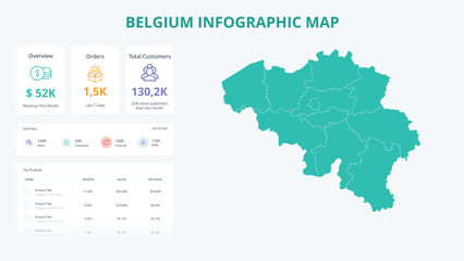  Business Growth Infographic Map of Belgium. Orders, Customers, Sales Overview & product Infographic Map of Belgium. Easy to edit
