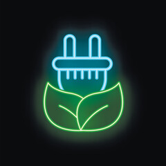 Canvas Print - Glowing neon icon of an electric plug emerging from leaves, symbolizing green and sustainable electricity generation