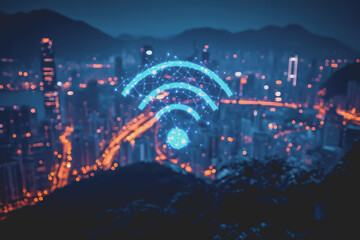 Wall Mural - A modern city with a wireless network connection concept and cityscape. Technology concept.