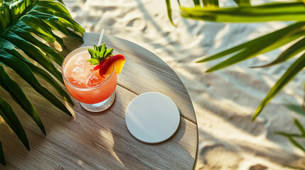 Wall Mural - Empty beer coasters mockup on table. Top view mockup of coasters set. Blurred beach cafe background.