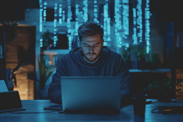 It's a real picture of a developer coding on his laptop, in the live work environment.