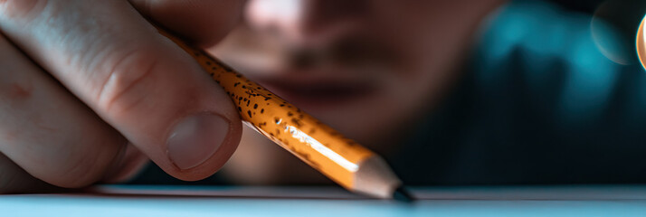 Wall Mural - Close-up of Hand Holding Yellow Pencil Over White Surface