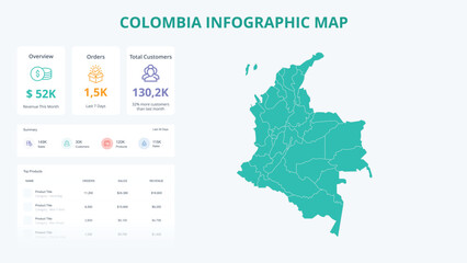  Business Growth Infographic Map of Colombia. Orders, Customers, Sales Overview & product Infographic Map of Colombia. Easy to edit