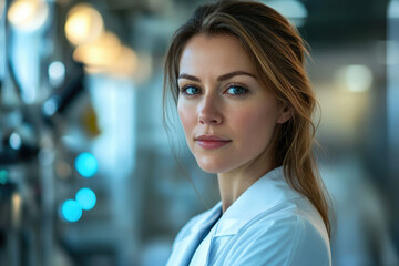 Poster - Confident female scientist in a lab coat, gazing directly at the camera with a serious expression.