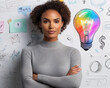 © AI Visual Vault - Confident Woman with Idea: A portrait of a composed African-American woman with arms crossed, standing before a whiteboard filled with colorful brainstorming sketches.