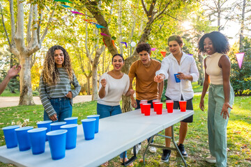 Wall Mural - Young people playing beer pong in a park in spring