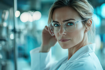 Poster - A female scientist, wearing glasses, looks intently over her shoulder in a laboratory setting.