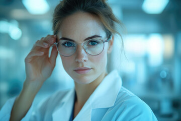 Poster - A young female scientist with glasses, adjusting her spectacles in a laboratory setting.