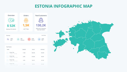  Business Growth Infographic Map of Estonia. Orders, Customers, Sales Overview & product Infographic Map of Estonia. Easy to edit