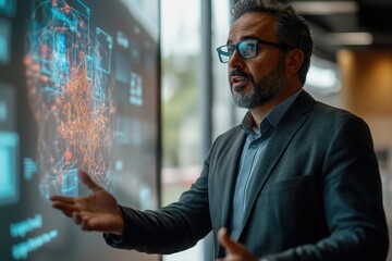 Fototapete - A businessman presents data visualizations on a large interactive screen, explaining complex information.