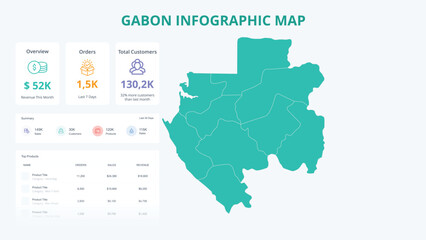  Business Growth Infographic Map of Gabon. Orders, Customers, Sales Overview & product Infographic Map of Gabon. Easy to edit