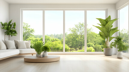 Modern living room with large window overlooking lush green landscape; ideal for home design websites