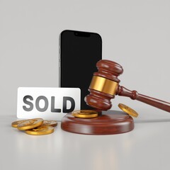 Online Auction Gavel, Smartphone and Coins 