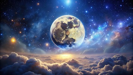 Wall Mural - celestial orb ascending above a sea of clouds in a starry expanse