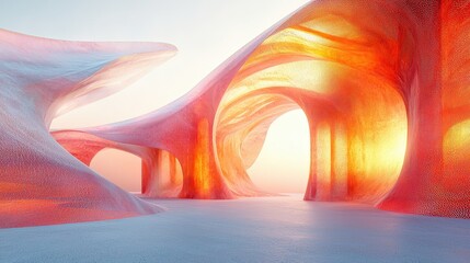 Wall Mural - Abstract landscape featuring vibrant orange and red organic structures under soft daylight, evoking warmth and creativity