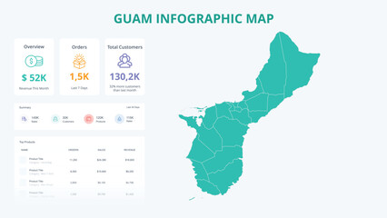 Business Growth Infographic Map of Guam. Orders, Customers, Sales Overview & product Infographic Map of Guam. Easy to edit