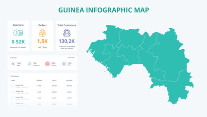  Business Growth Infographic Map of Guinea. Orders, Customers, Sales Overview & product Infographic Map of Guinea. Easy to edit