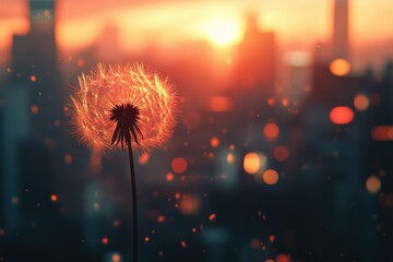 Aufkleber - Silhouette of a dandelion seed head against a vibrant sunset cityscape.