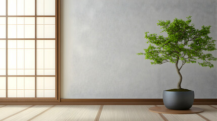 Wall Mural - Tranquil Japanese Room with Bonsai, Interior Design, Peaceful Scene, Perfect for Backgrounds, Interior Design Inspiration