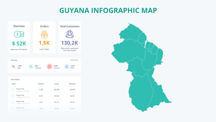  Business Growth Infographic Map of Guyana. Orders, Customers, Sales Overview & product Infographic Map of Guyana. Easy to edit