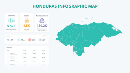  Business Growth Infographic Map of Honduras. Orders, Customers, Sales Overview & product Infographic Map of Honduras. Easy to edit
