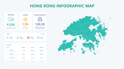  Business Growth Infographic Map of Hong Kong. Orders, Customers, Sales Overview & product Infographic Map of Hong Kong. Easy to edit