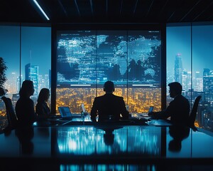 Poster - A professional business team discussing digital innovation, AIdriven projections and virtual charts displayed on smart digital boards, futuristic office, cinematic lighting, 8K