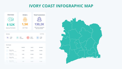  Business Growth Infographic Map of Ivory Coast. Orders, Customers, Sales Overview & product Infographic Map of Ivory Coast. Easy to edit