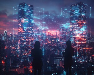 Aufkleber - A team of system engineers working in a smart city, advanced AI interfaces and digital systems projected in the air, futuristic urban environment, hyperdetailed, 16K