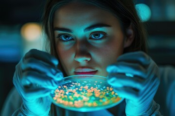 Poster - A female scientist examines a petri dish containing bioluminescent microorganisms under blue light in a laboratory setting.