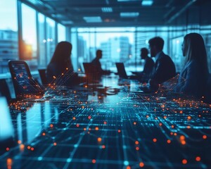 Poster - Businesspeople working together in a modern office, teamwork and human resources concept visualized with a digital business network and realtime collaboration, hyperdetailed, 8K