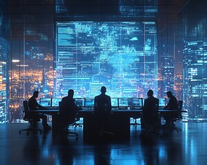 Poster - Corporate team analyzing digital documents and data projections for management strategy, modern office with holographic interfaces and AIdriven insights, 8K