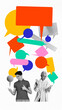 © master1305 - Young excited man and woman surrounded by many colorful speech bubbles exchange text messages, receiving notifications. Concept of online communication, networking, chatting, social media