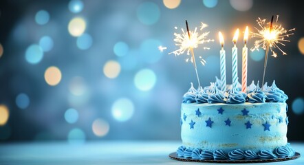 Wall Mural - Celebration with blue birthday cake and sparklers on festive background